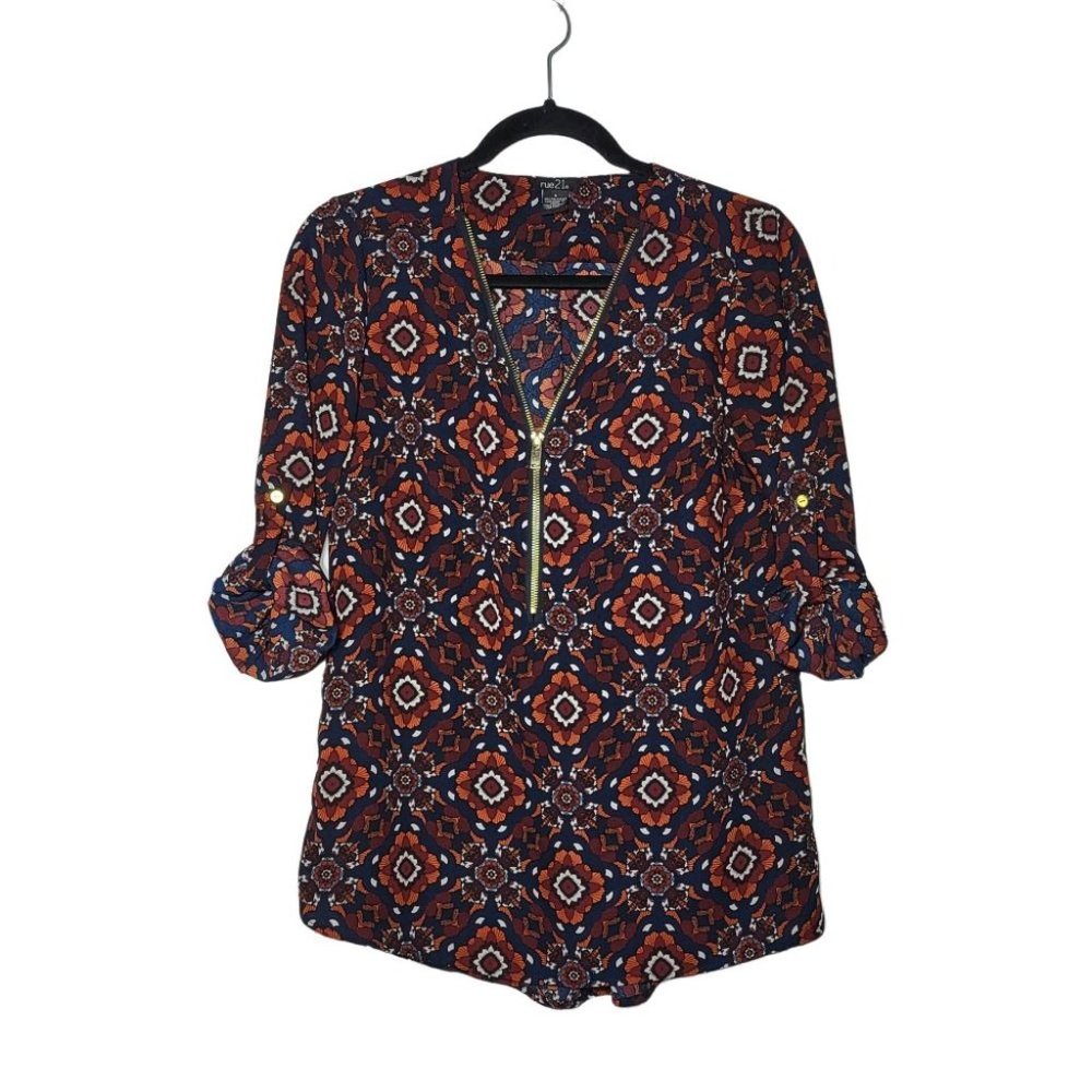 Rue 21 Womens Medallion Print Zipper‎ Front Roll Tab Sleeves Blouse Size Small